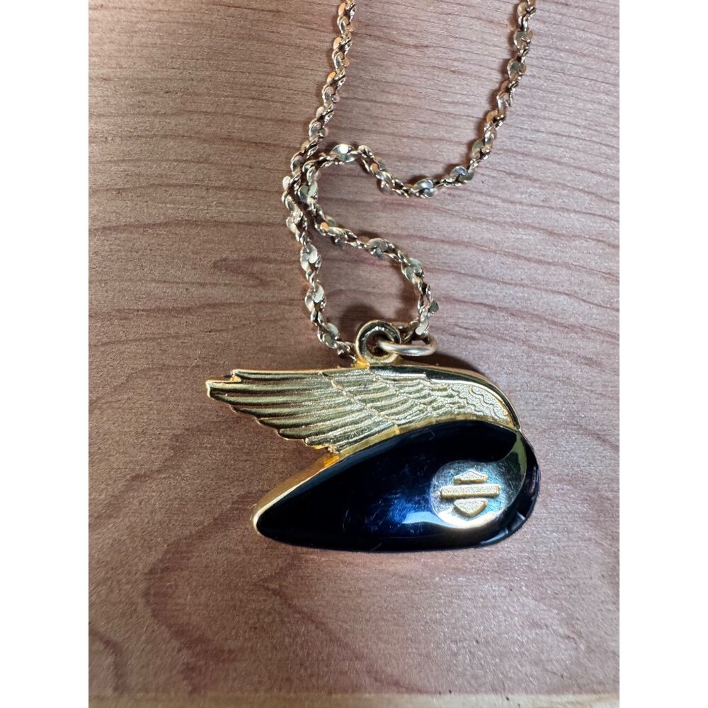 Vintage 14K Gold Plated Sterling Pendant Necklace Wing Design Black Enamel 8G